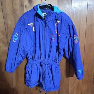 Vintage 80s Tyrolia Skiwear Snow Jacket Retro Aztec Purple Snowboarding Size 6